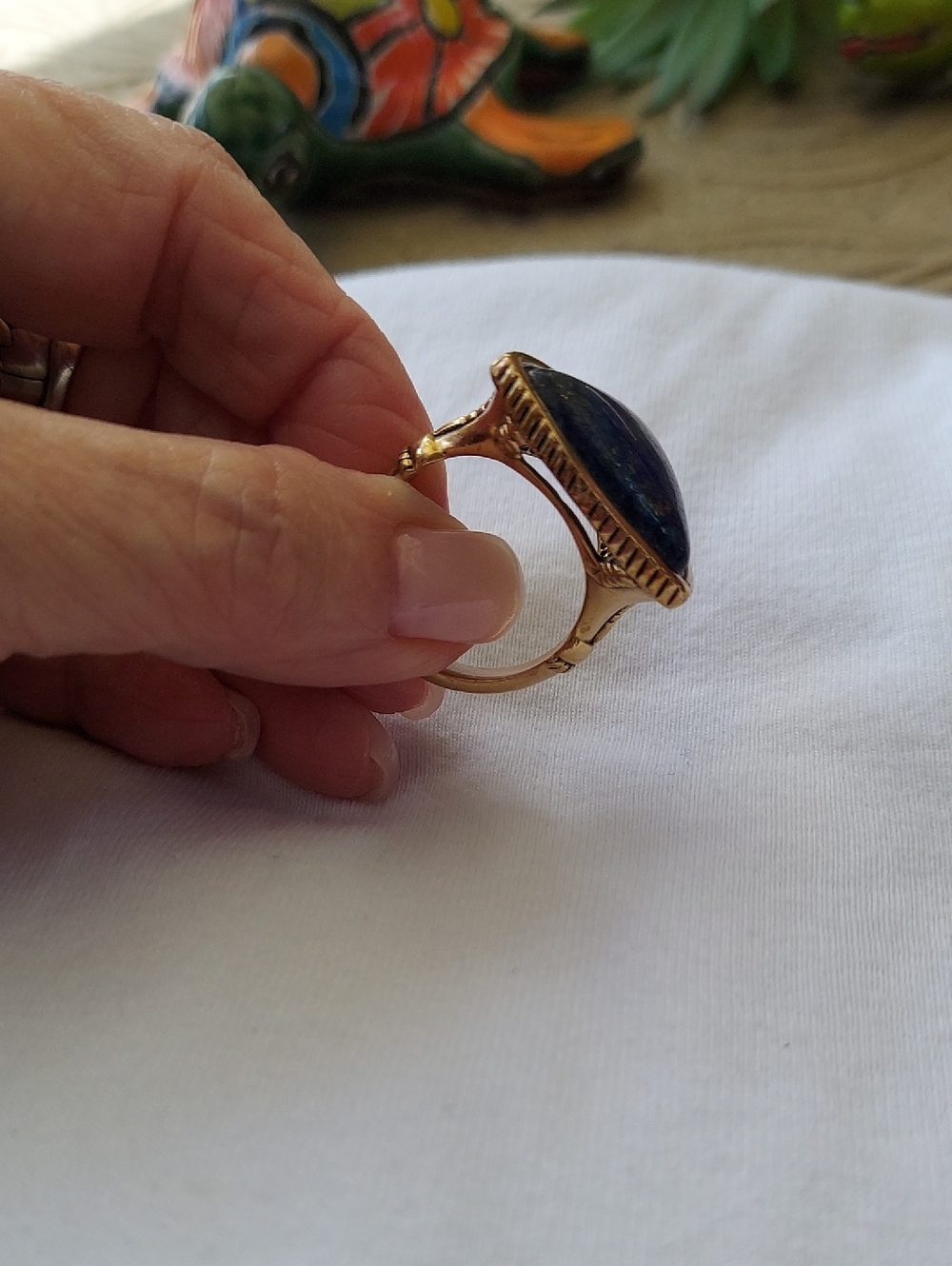 Barse Triangular Blue Lapis Lazuli Stone Golden Bronze Ring Size 11.75
